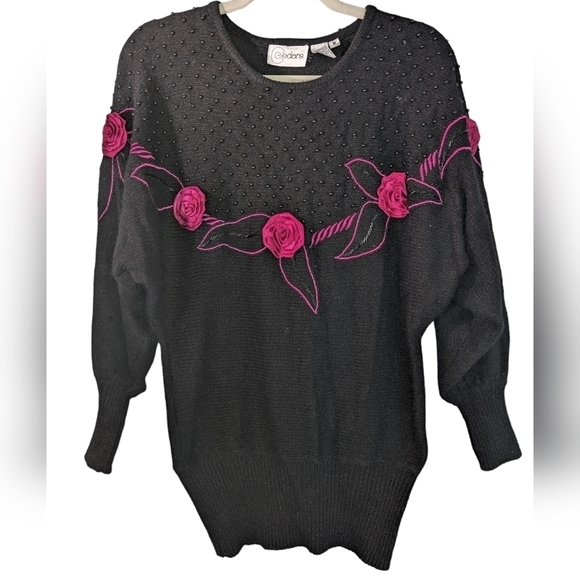 Vintage 80s Silk Angora Floral Beaded Sweater Black Pink Roses Whimsigoth Size M - Picture 2 of 11